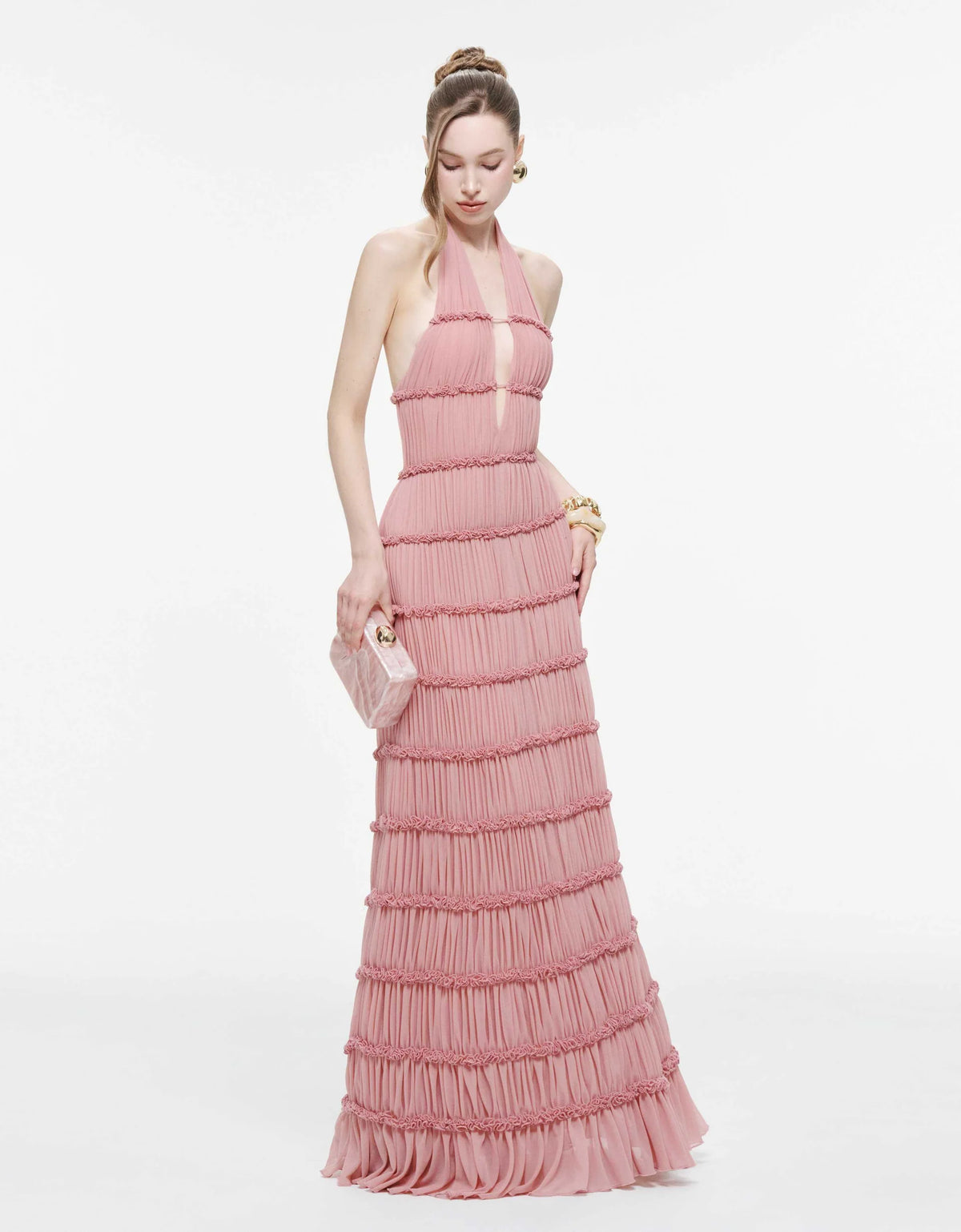 MOLLYNISTA Backless Stretch Mesh Maxi Dress-Dusty Pink