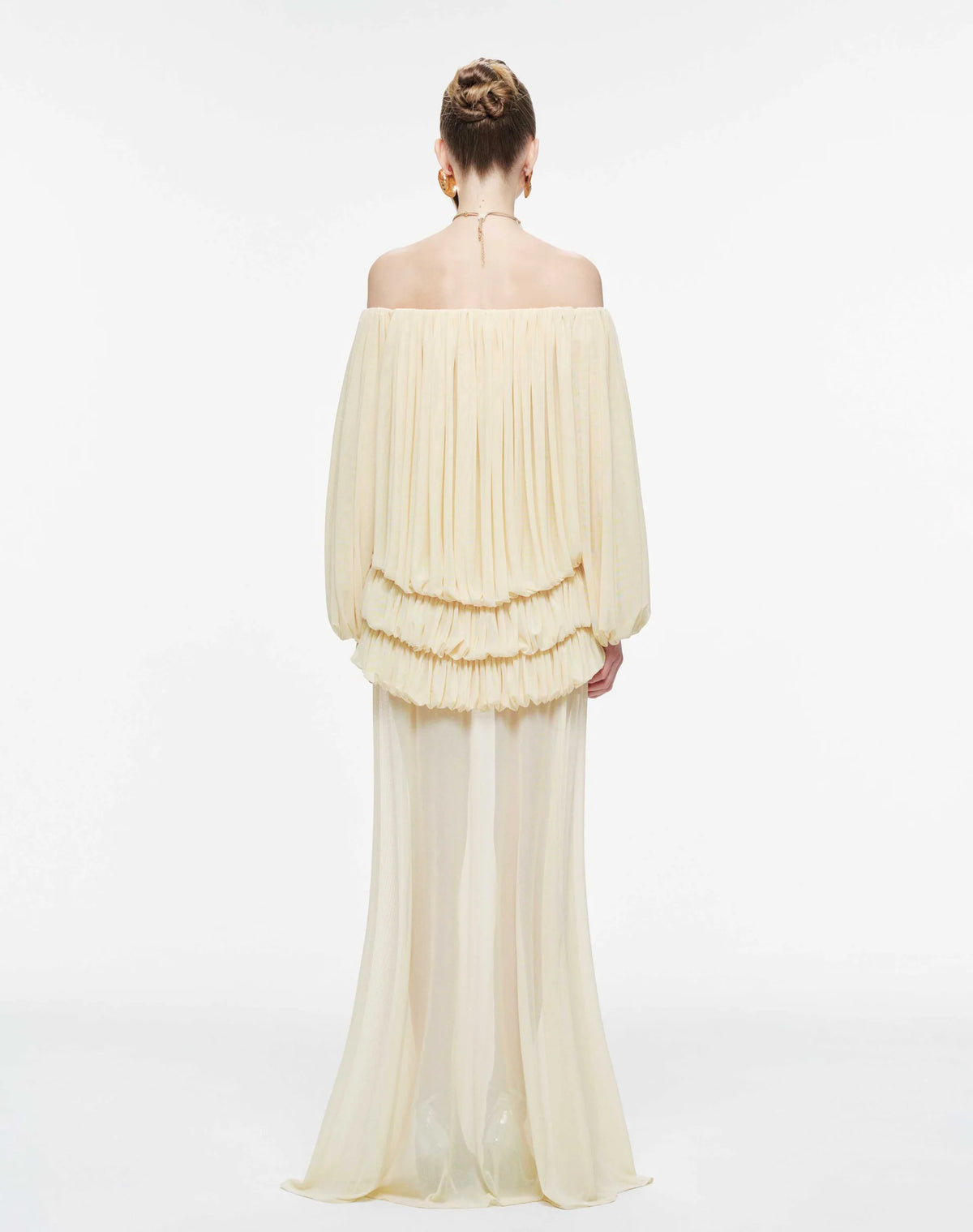 MOLLYNISTA Off-Shoulder Ruched Stretch Mesh Set-Yellow Butter