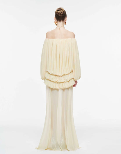 MOLLYNISTA Off-Shoulder Ruched Stretch Mesh Set-Yellow Butter