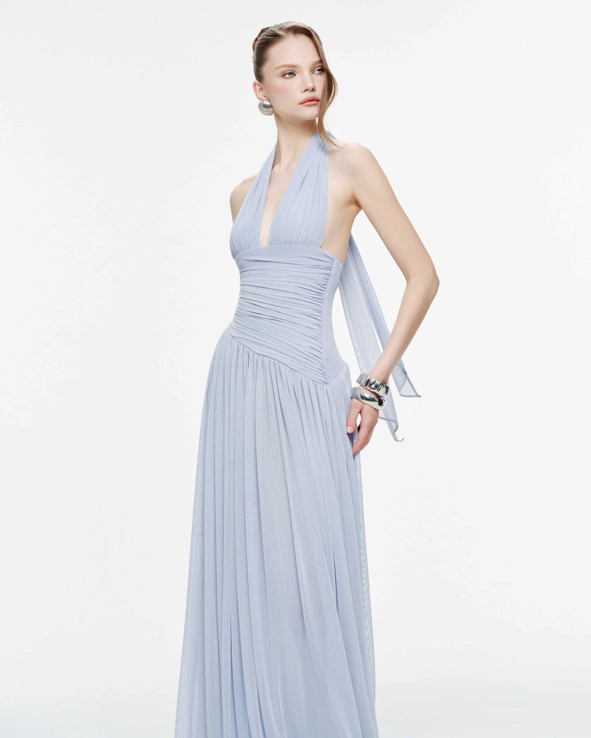 MOLLYNISTA Ruched Stretch Mesh Maxi Dress With Neck Bow-Whispy Blue