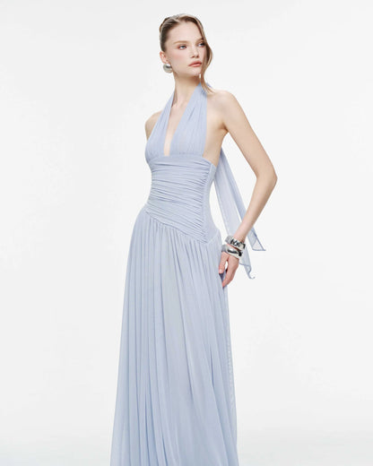 MOLLYNISTA Ruched Stretch Mesh Maxi Dress With Neck Bow-Whispy Blue