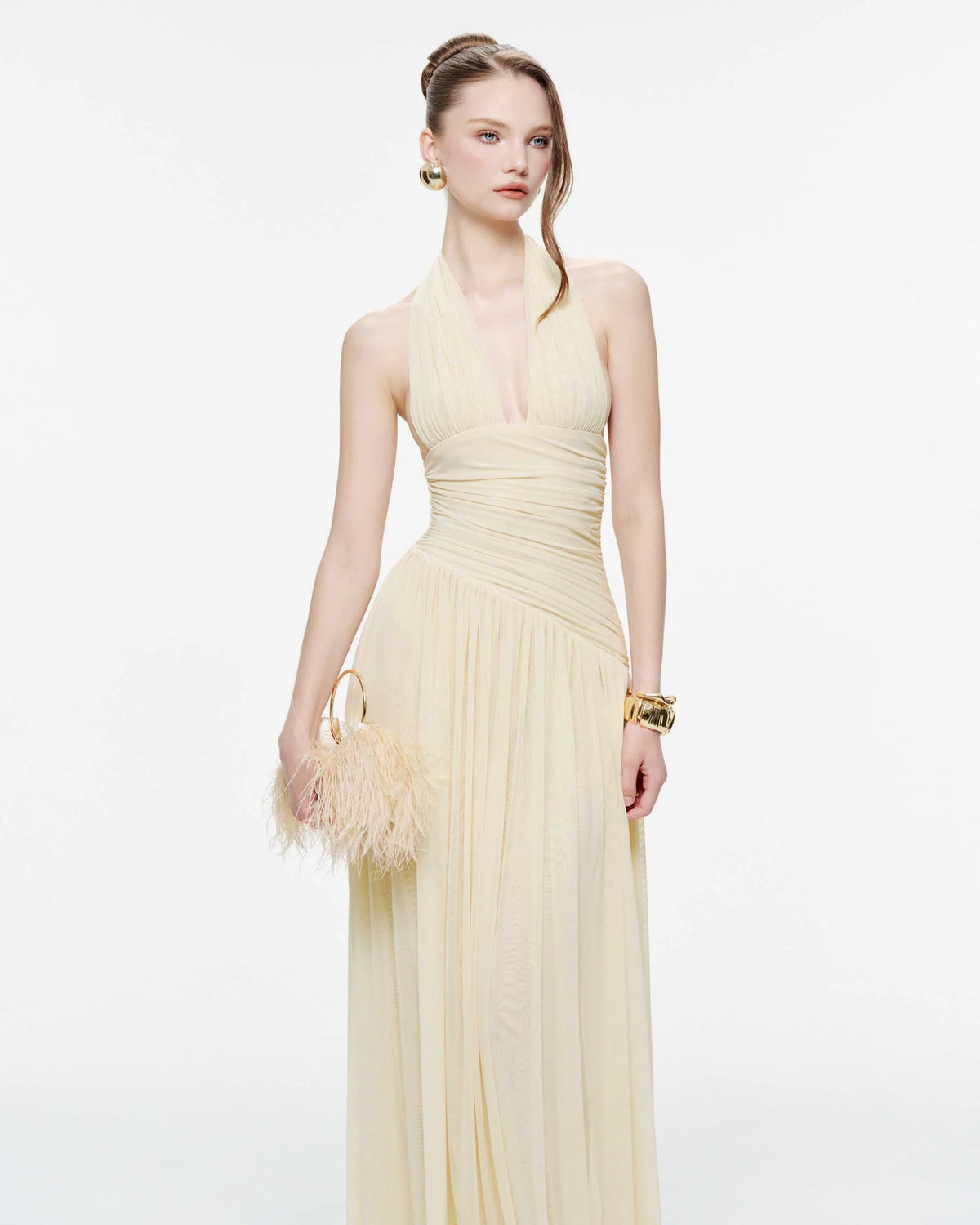 MOLLYNISTA Ruched Stretch Mesh Maxi Dress With Neck Bow-Yellow Butter