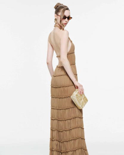 MOLLYNISTA Backless Stretch Mesh Maxi Dress-Caramel Brown
