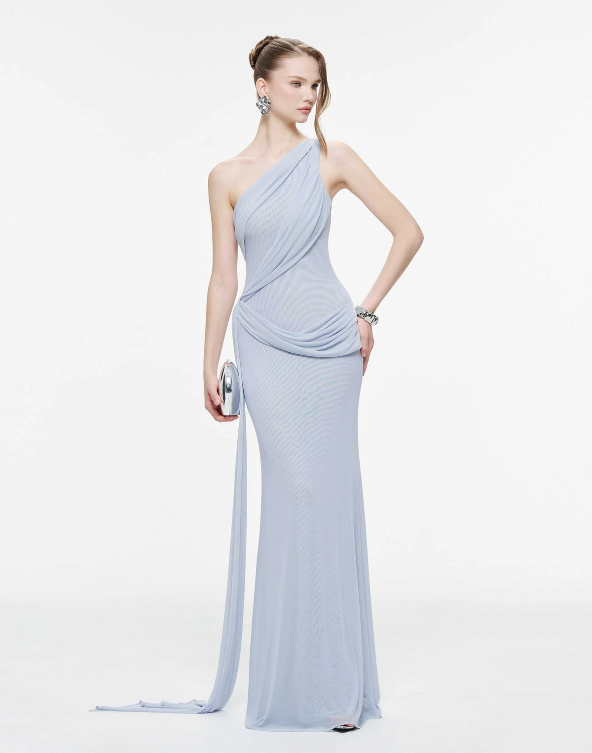 MOLLYNISTA One-Shoulder Draped Mesh Dress-Whispy Blue