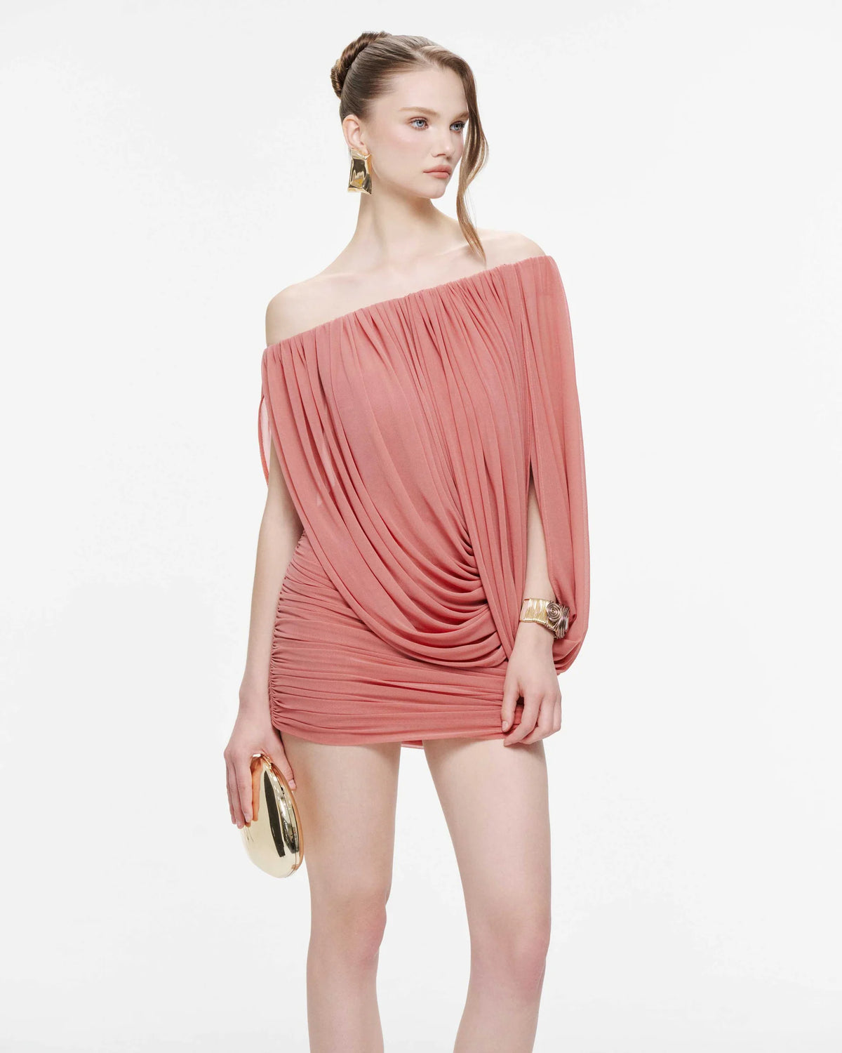 MOLLYNISTA One-Shoulder Stretch Mesh Cape Dress-Faded Rose