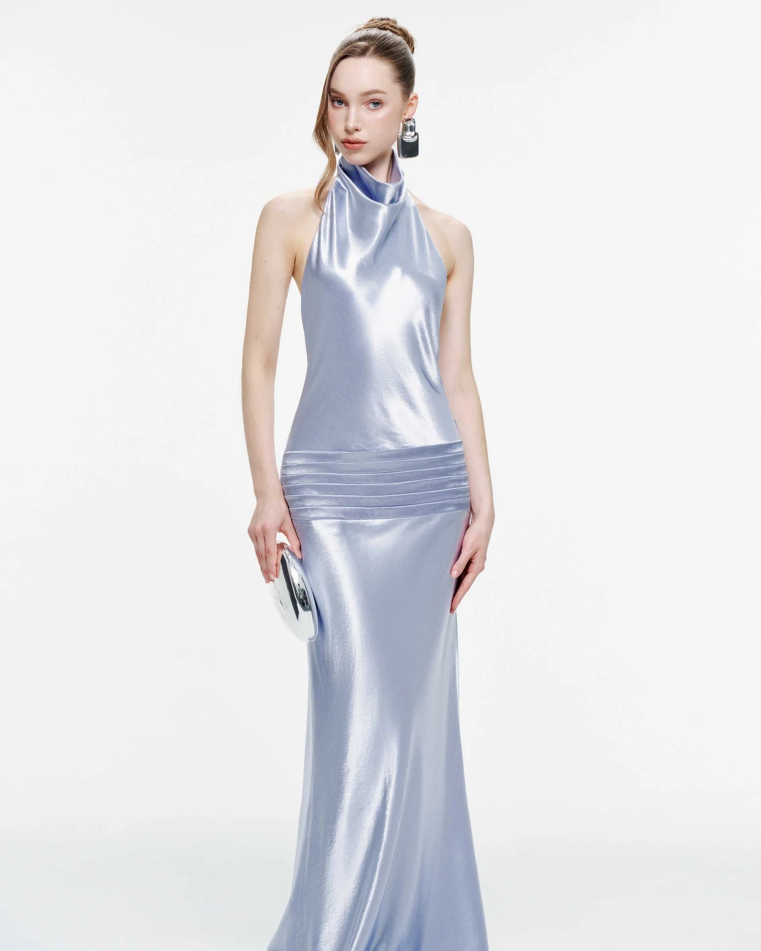 MOLLYNISTA Cowl Neck Silk Dress With Twisted Bow Back-Icy Blue