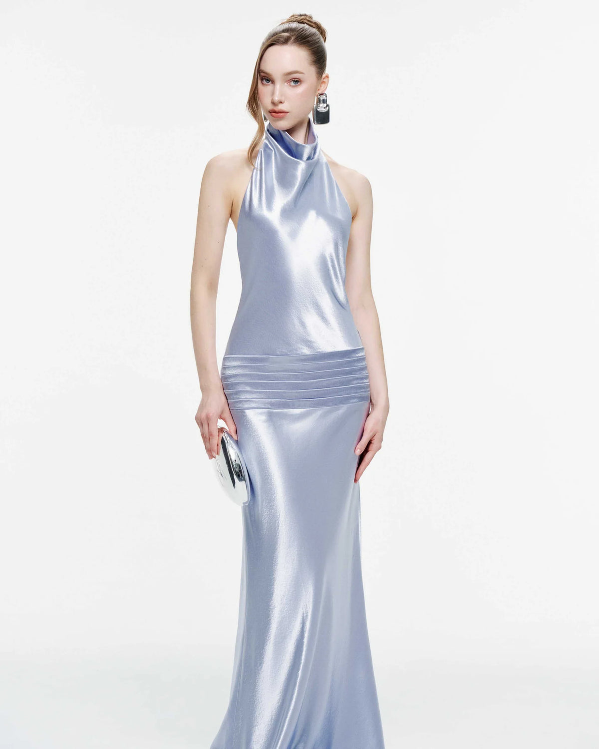 MOLLYNISTA Cowl Neck Silk Dress With Twisted Bow Back-Icy Blue