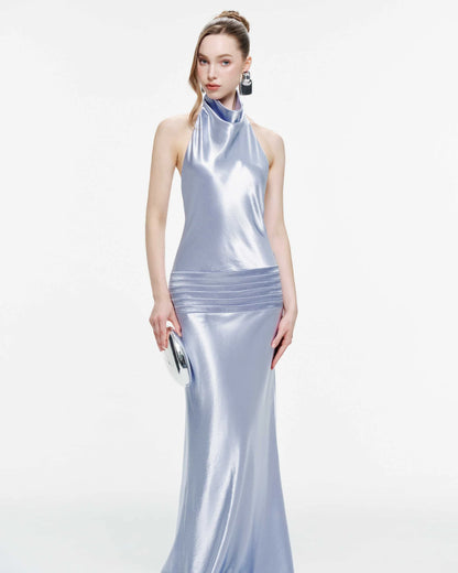 MOLLYNISTA Cowl Neck Silk Dress With Twisted Bow Back-Icy Blue