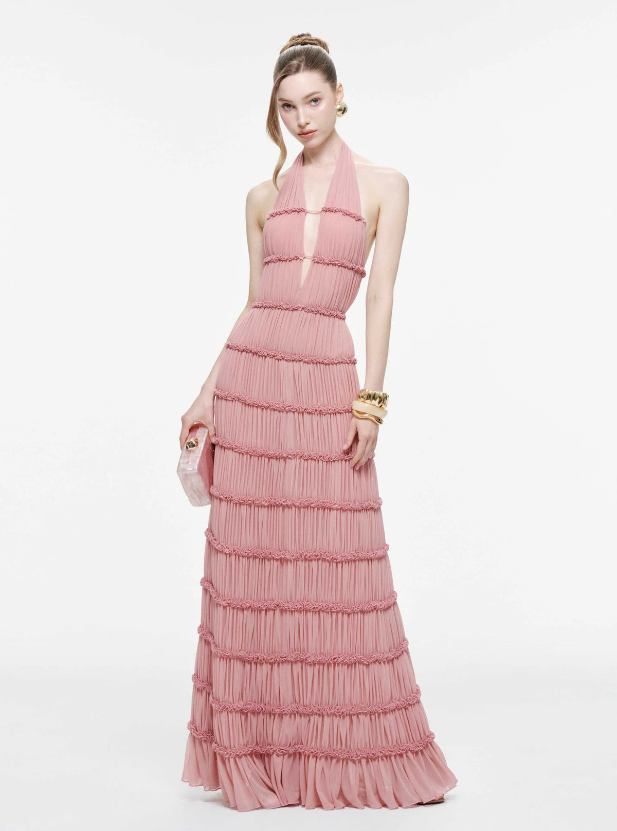 MOLLYNISTA Backless Stretch Mesh Maxi Dress-Dusty Pink