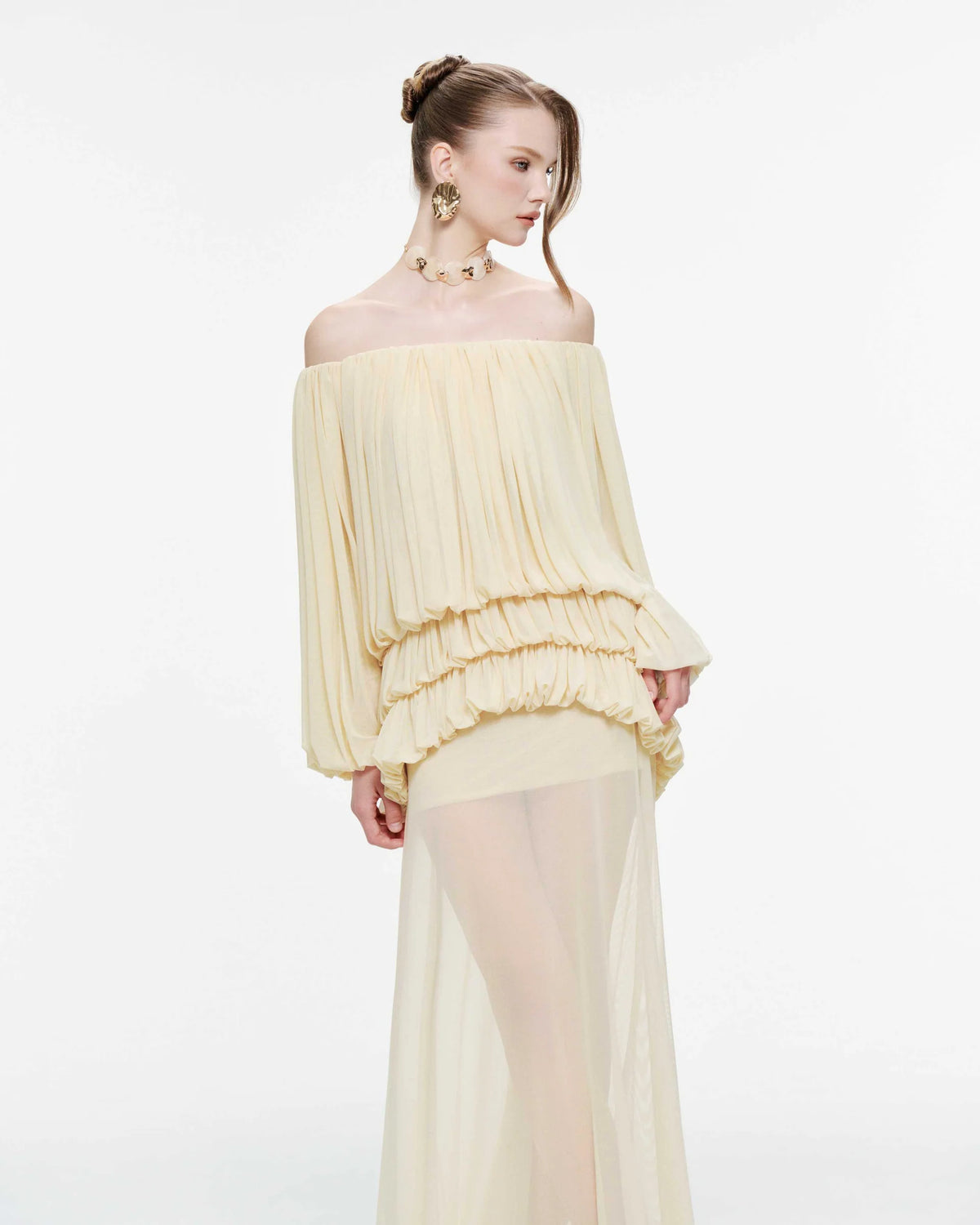 MOLLYNISTA Off-Shoulder Ruched Stretch Mesh Set-Yellow Butter