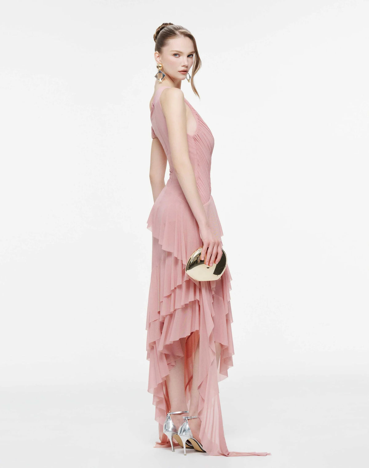MOLLYNISTA One-Shoulder Stretch Mesh Asymmetric Ruffle Dress-Dusty Pink