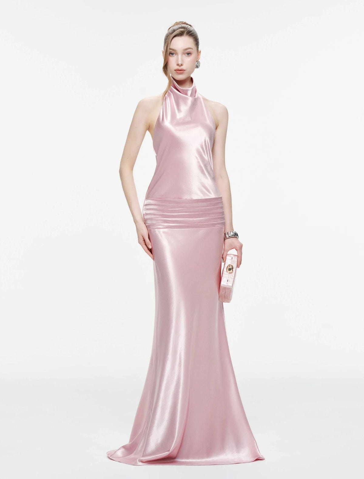 MOLLYNISTA Cowl Neck Silk Dress With Twisted Bow Back-Dusty Pink