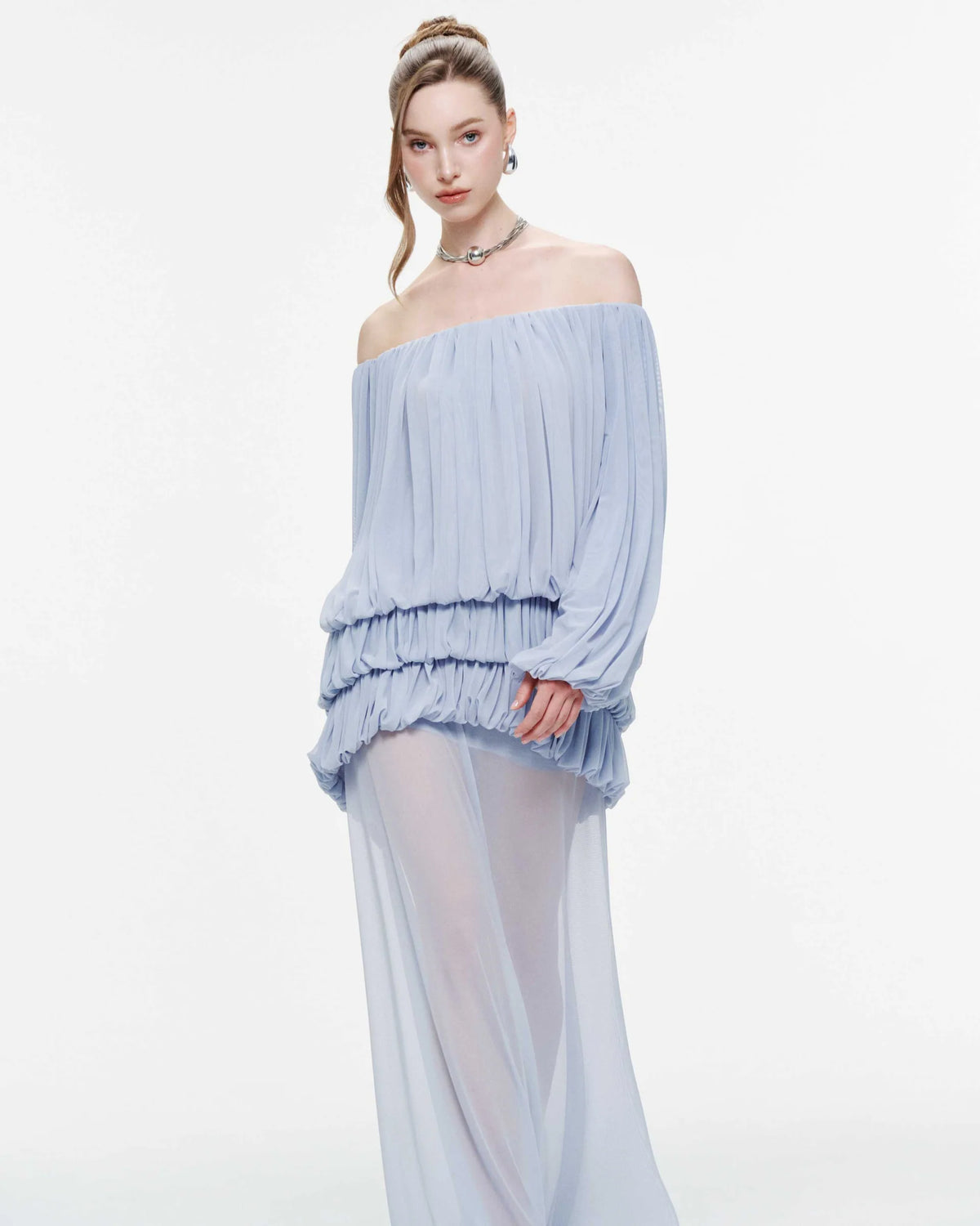 MOLLYNISTA Off-Shoulder Ruched Stretch Mesh Set-Whispy Blue