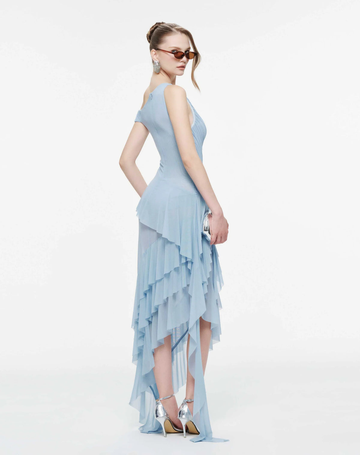 MOLLYNISTA One-Shoulder Stretch Mesh Asymmetric Ruffle Dress-Clear Sky