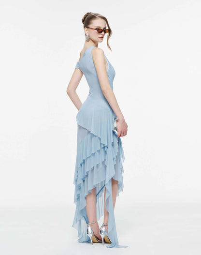 MOLLYNISTA One-Shoulder Stretch Mesh Asymmetric Ruffle Dress-Clear Sky