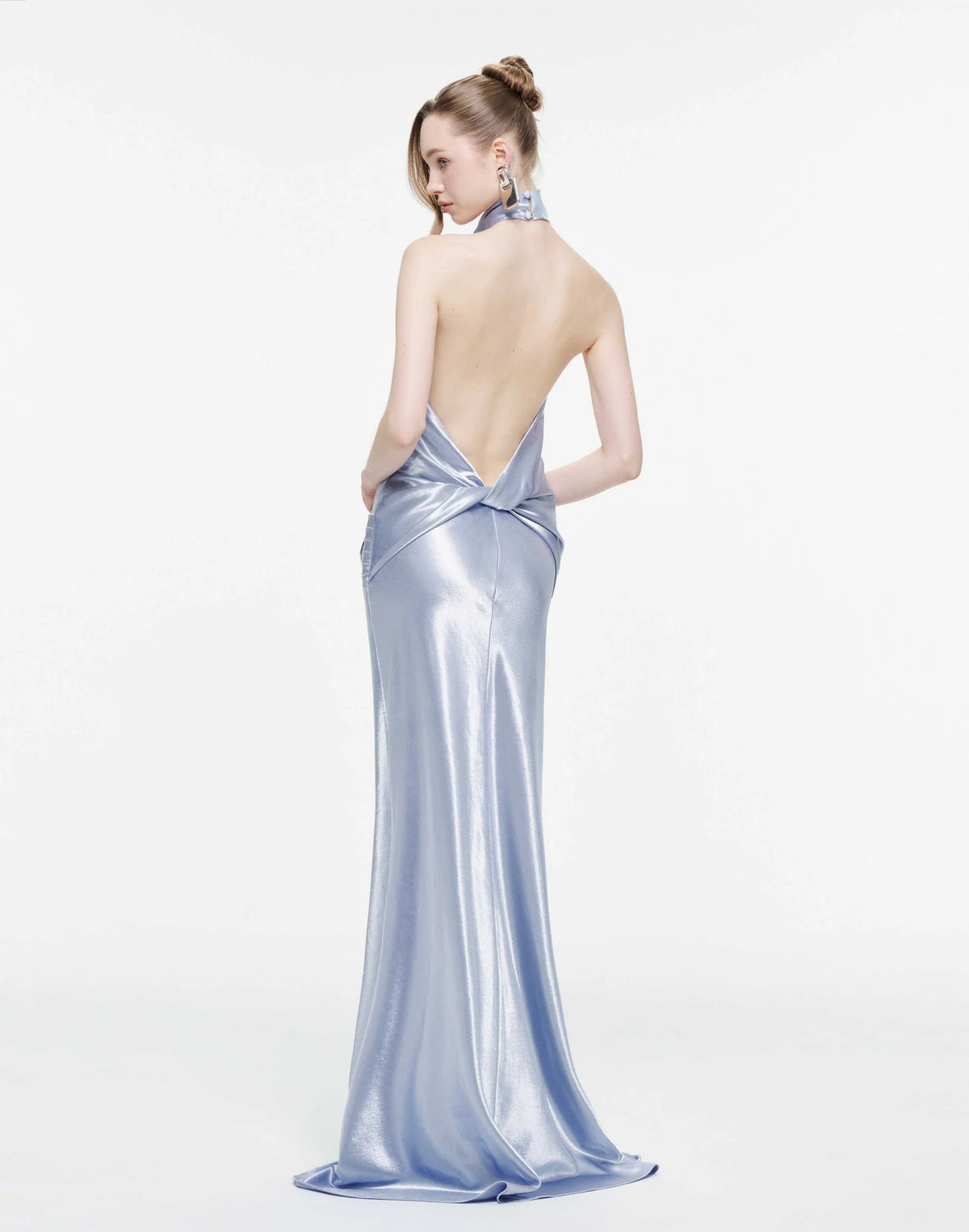 MOLLYNISTA Cowl Neck Silk Dress With Twisted Bow Back-Icy Blue