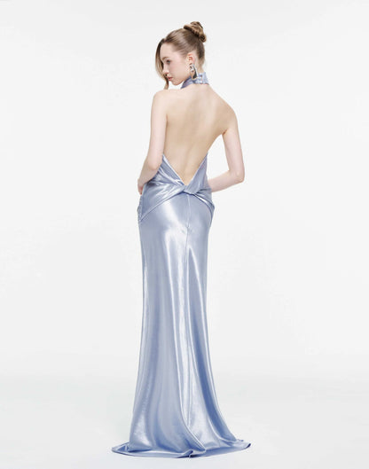MOLLYNISTA Cowl Neck Silk Dress With Twisted Bow Back-Icy Blue