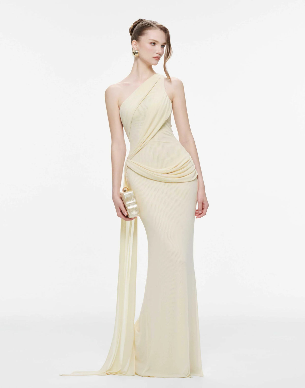MOLLYNISTA One-Shoulder Draped Mesh Dress-Yellow Butter