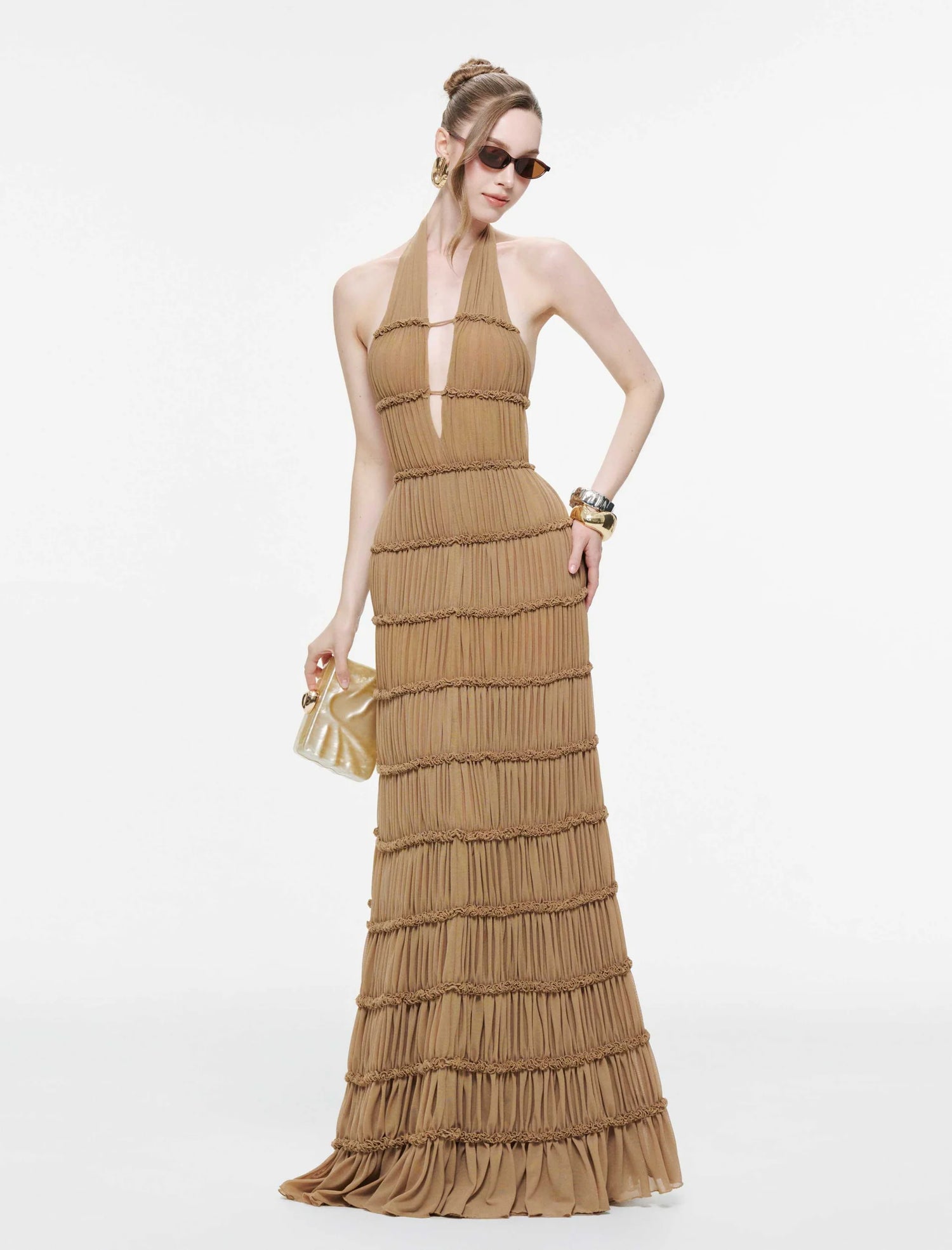 MOLLYNISTA Backless Stretch Mesh Maxi Dress-Caramel Brown