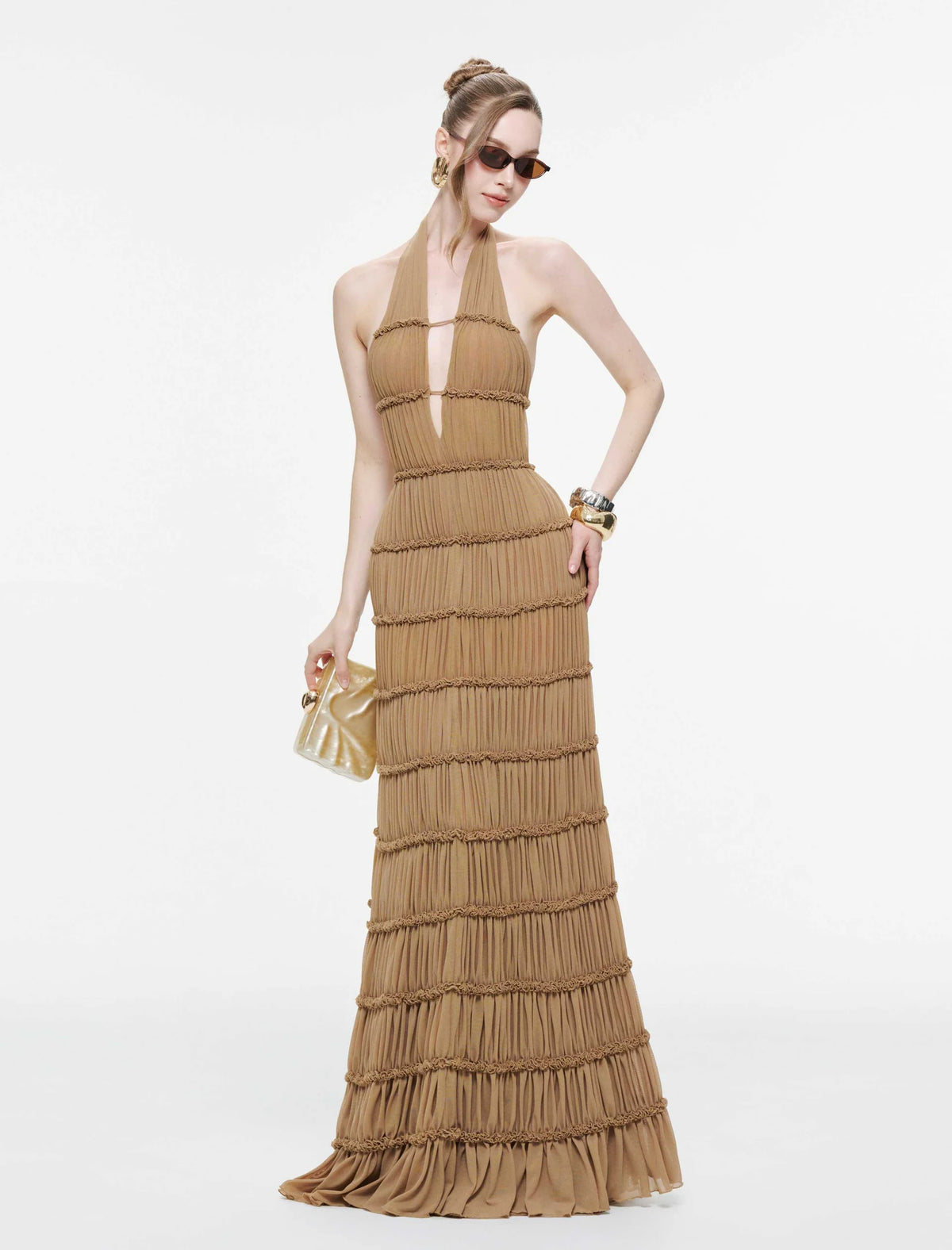 MOLLYNISTA Backless Stretch Mesh Maxi Dress-Caramel Brown