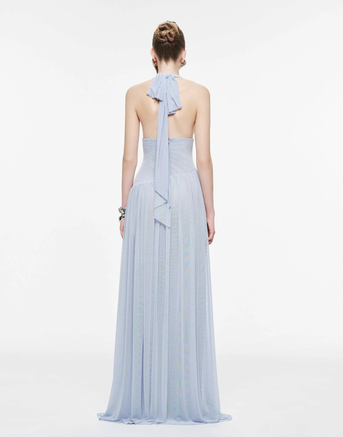 MOLLYNISTA Ruched Stretch Mesh Maxi Dress With Neck Bow-Whispy Blue