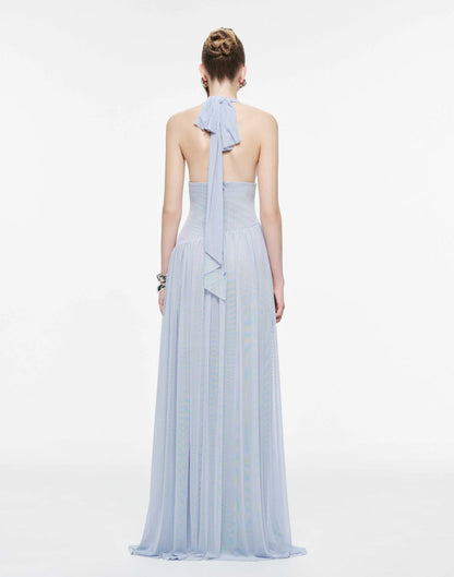 MOLLYNISTA Ruched Stretch Mesh Maxi Dress With Neck Bow-Whispy Blue