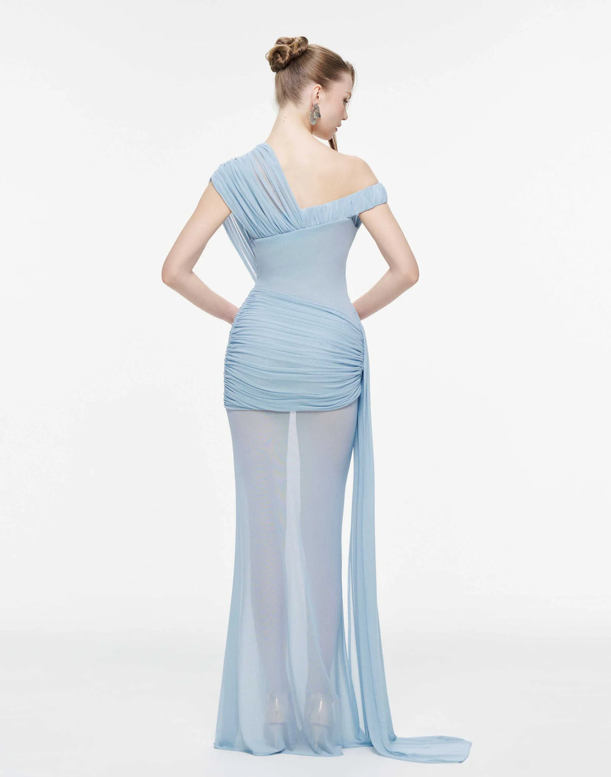 MOLLYNISTA Side-Gathered Mesh Dress-Clear Sky
