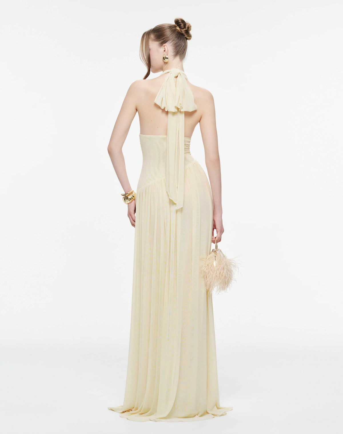MOLLYNISTA Ruched Stretch Mesh Maxi Dress With Neck Bow-Yellow Butter