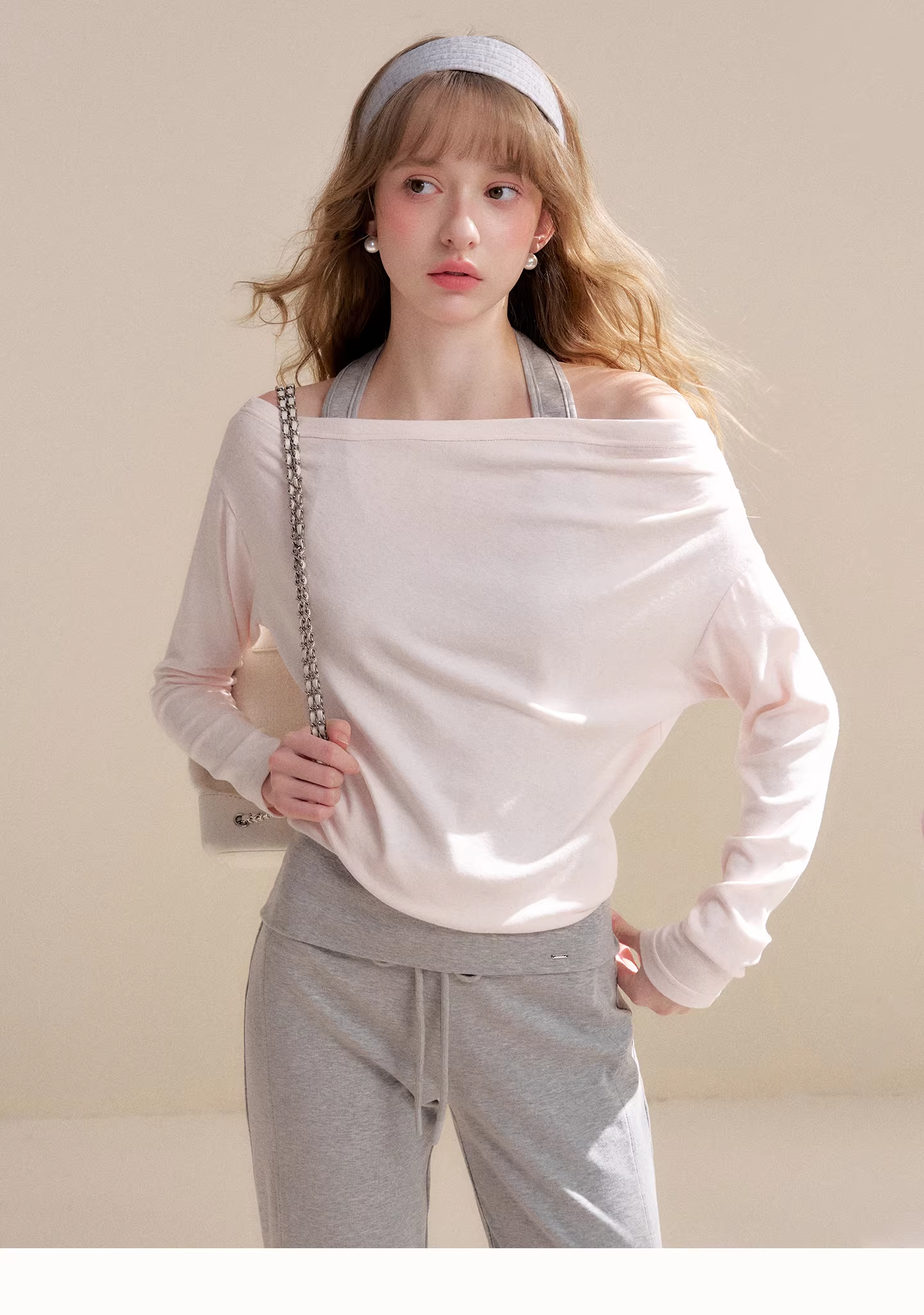 Kroche KZY8071&amp;KZY8072 Off shoulder contrasting T-shirt + pants
