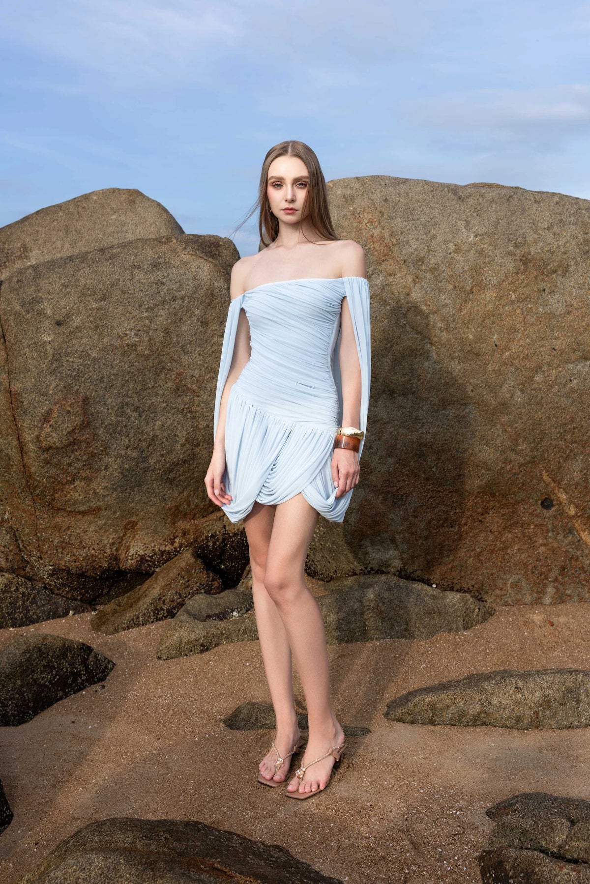 MOLLYNISTA Off-Shoulder Ruched Short Cape Dress-Ice Blue