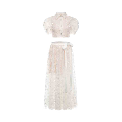 Wardrobes by chen Embroidered bubble sleeve shirt + skirt set