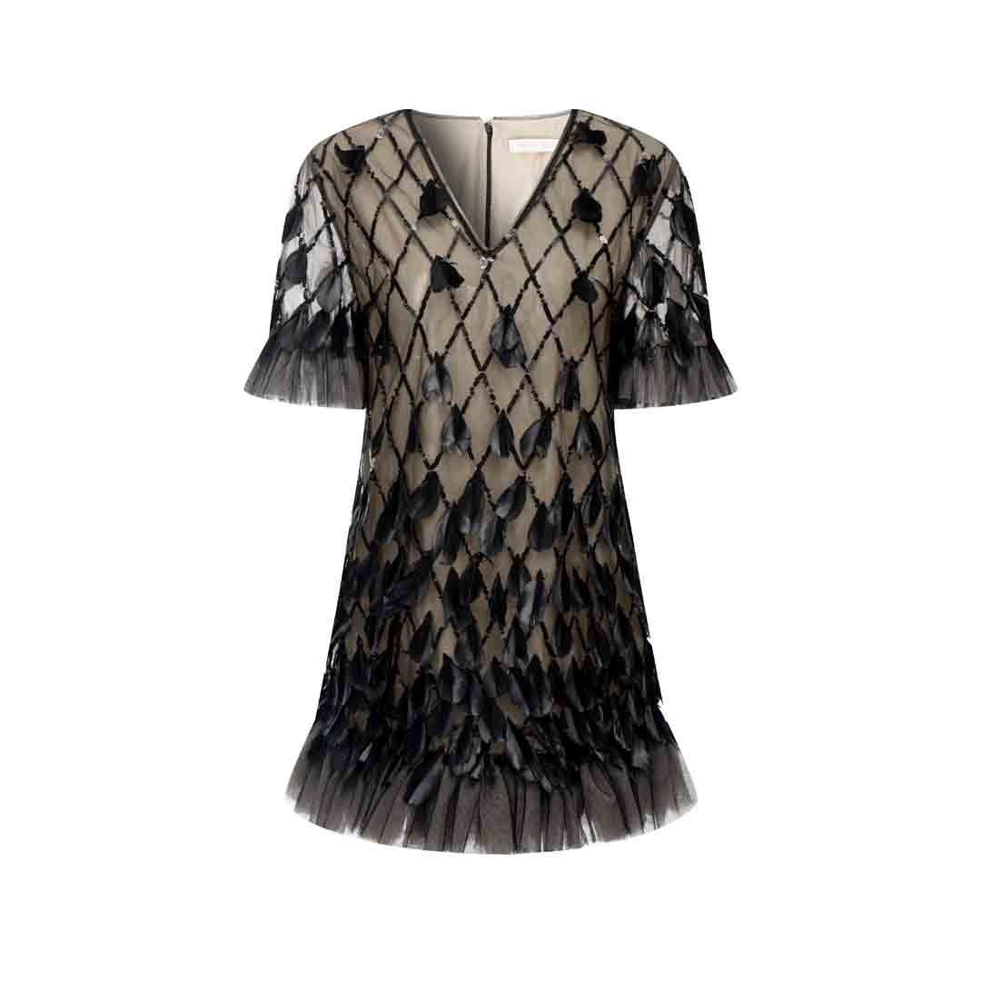 Wardrobes by chen Black feather bead V-neck dress