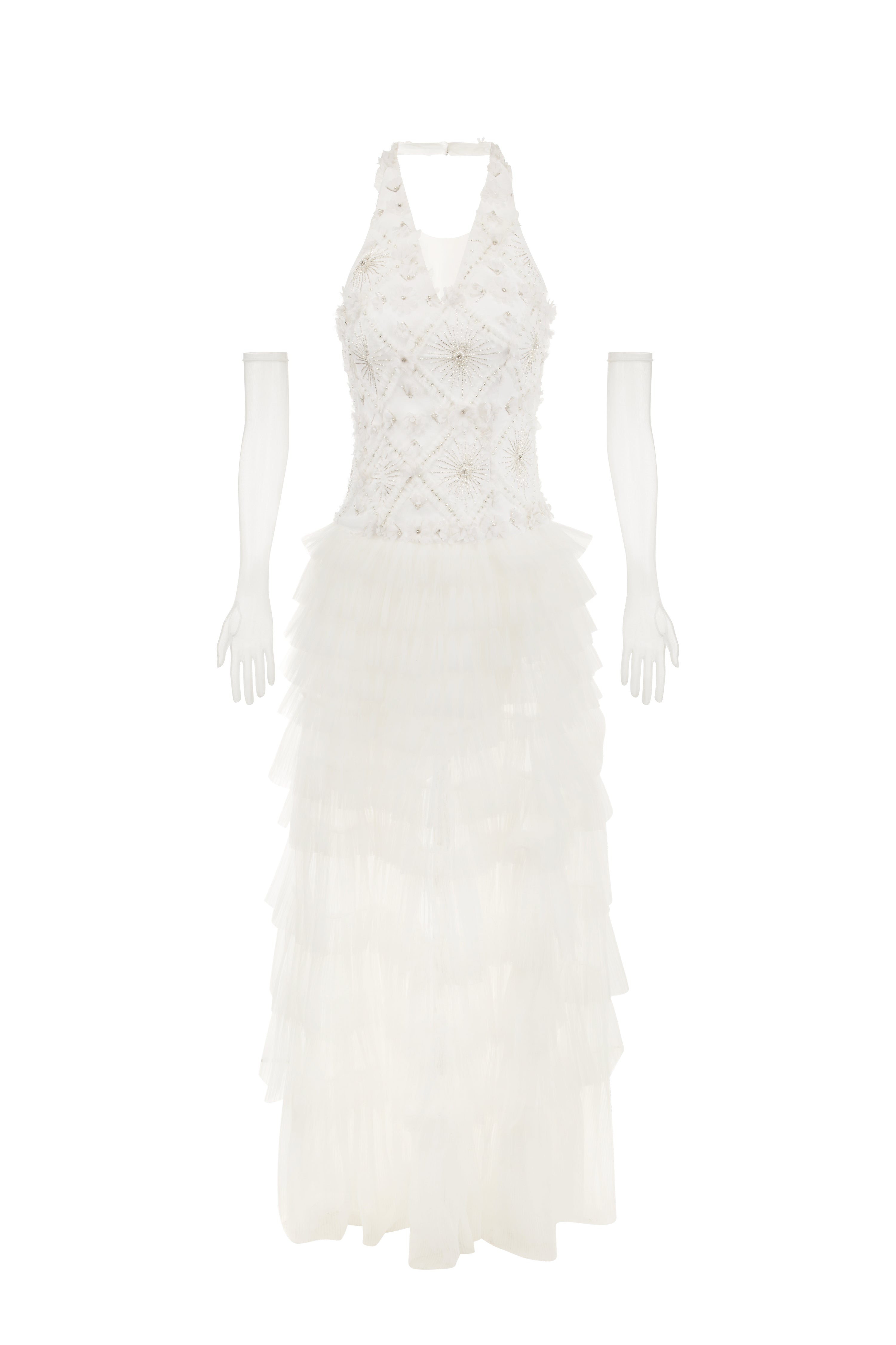Wardrobes by chen Handmade embroidered bead V-neck layered dress (with gloves)