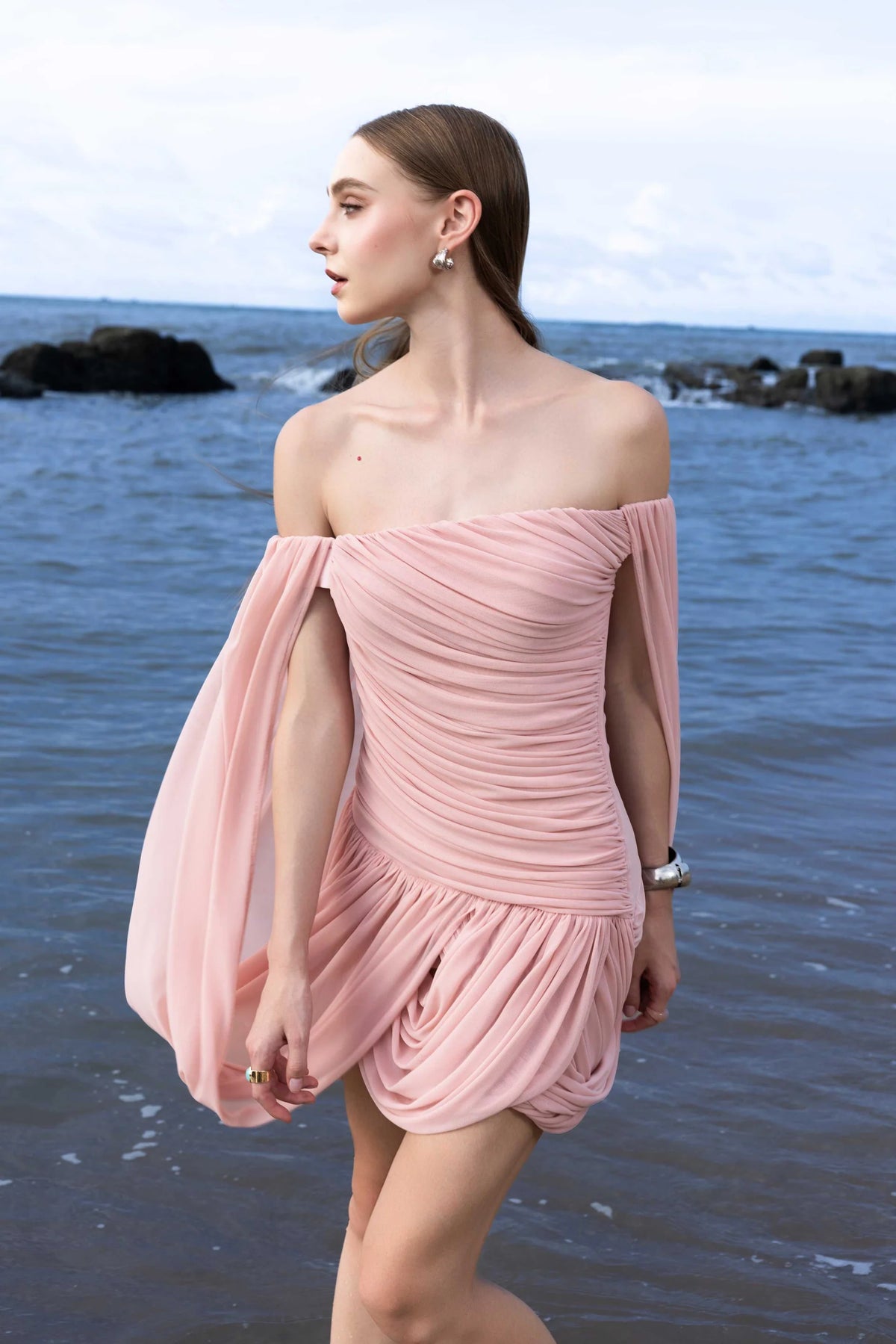 MOLLYNISTA Off-Shoulder Ruched Short Cape Dress-Mary Rose