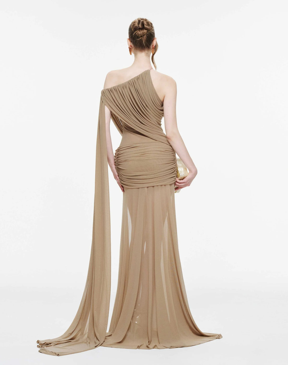 MOLLYNISTA Asymmetric Ruched Mesh Dress-Sand Beige