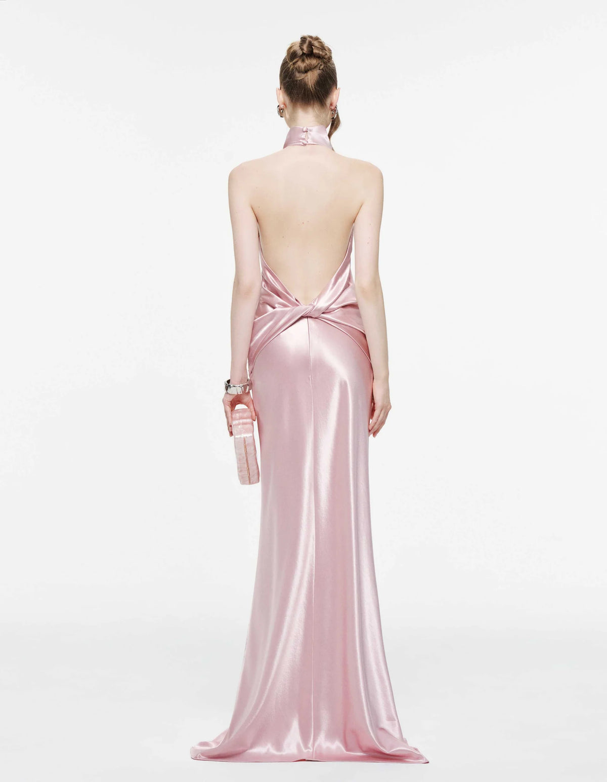 MOLLYNISTA Cowl Neck Silk Dress With Twisted Bow Back-Dusty Pink