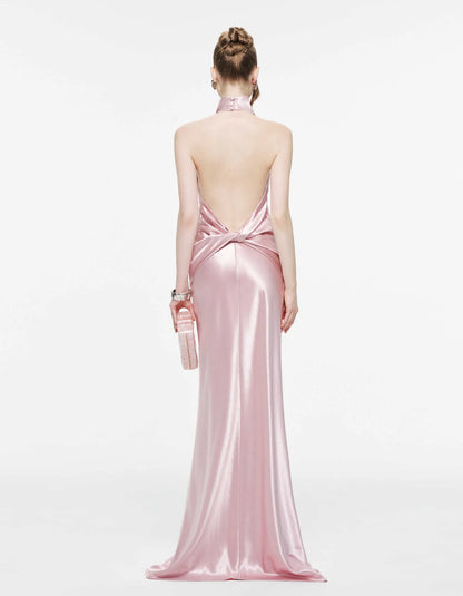 MOLLYNISTA Cowl Neck Silk Dress With Twisted Bow Back-Dusty Pink