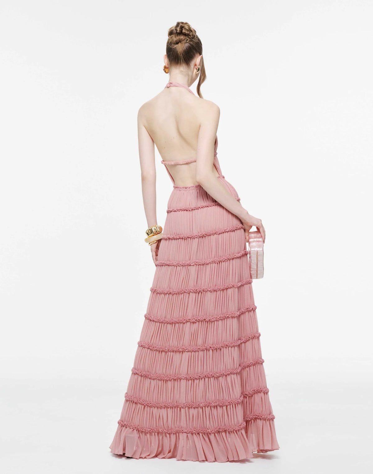 MOLLYNISTA Backless Stretch Mesh Maxi Dress-Dusty Pink