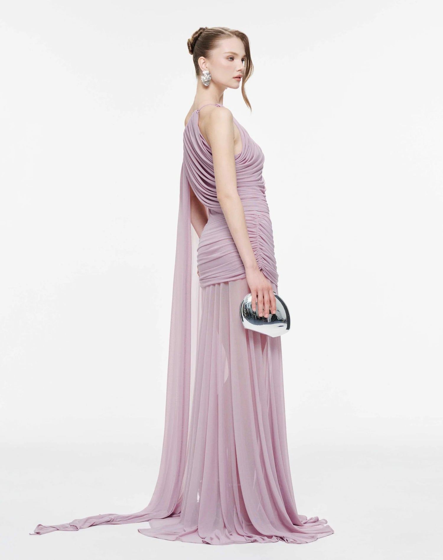MOLLYNISTA Asymmetric Ruched Mesh Dress-Lavender Fog