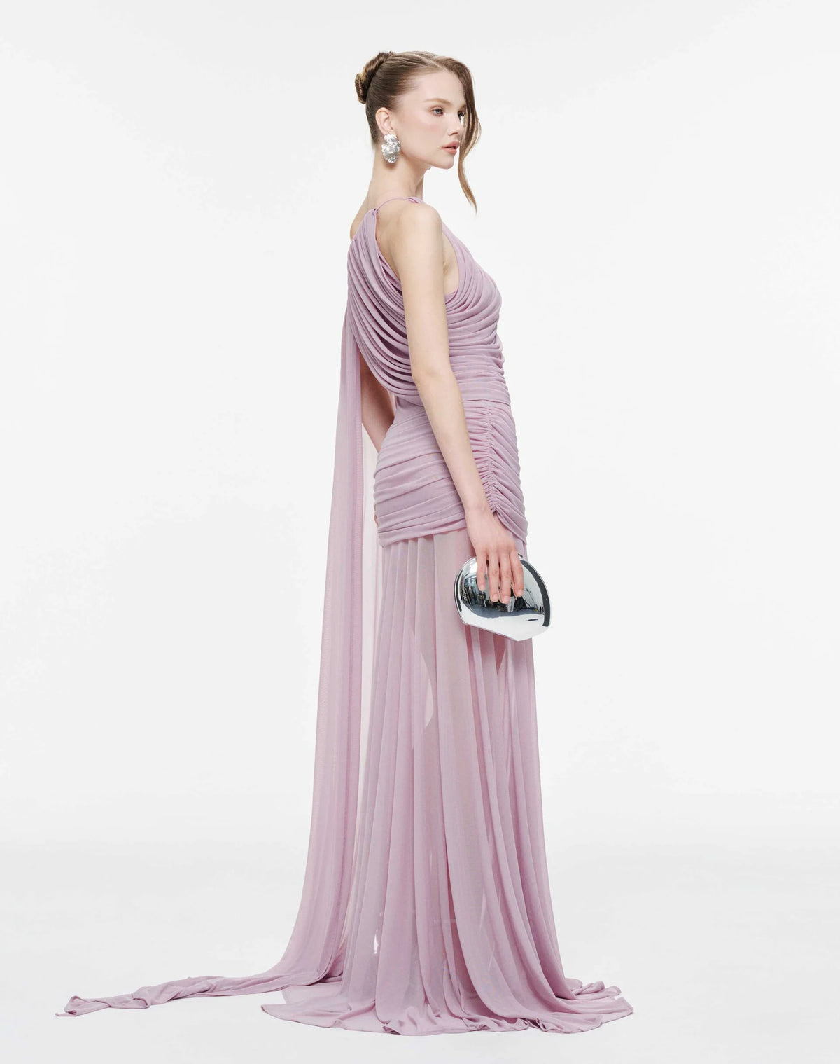 MOLLYNISTA Asymmetric Ruched Mesh Dress-Lavender Fog