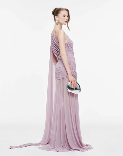 MOLLYNISTA Asymmetric Ruched Mesh Dress-Lavender Fog