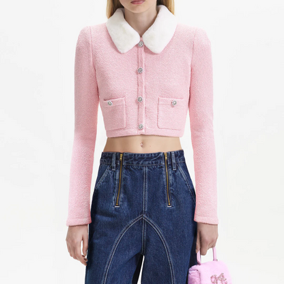 Self-Portrait Pink Faux Fur Collar Cardigan