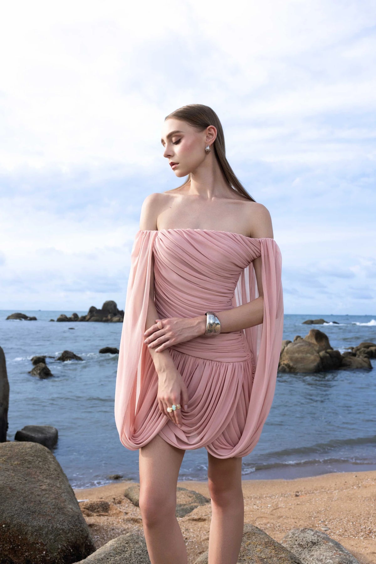 MOLLYNISTA Off-Shoulder Ruched Short Cape Dress-Mary Rose