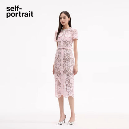 Self-Portrait PINK LACE DIAMANTE BOW MIDI DRESS