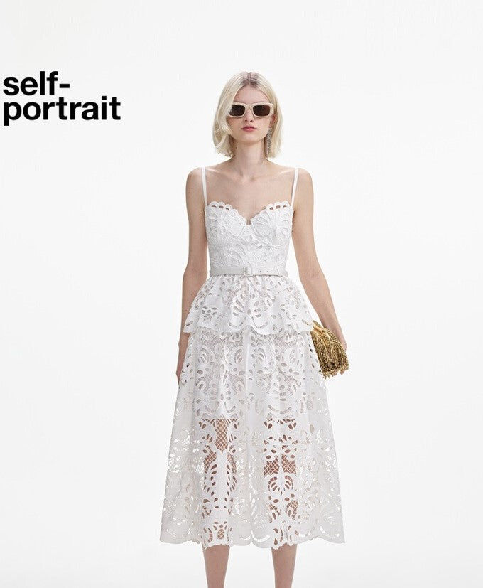 Self-Portrait WHITE COTTON LACE TIERED MIDI DRESS