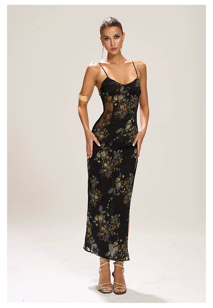 FIND YA WINGS Sheer Mesh Cut-out Waist Panel Midi Dress