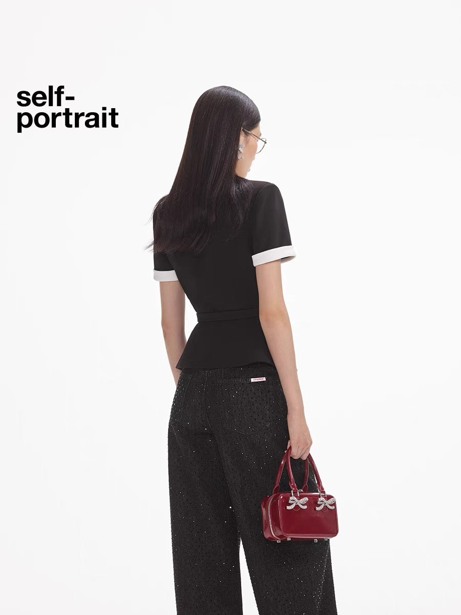 Self-Portrait BLACK CREPE CONTRAST TOP