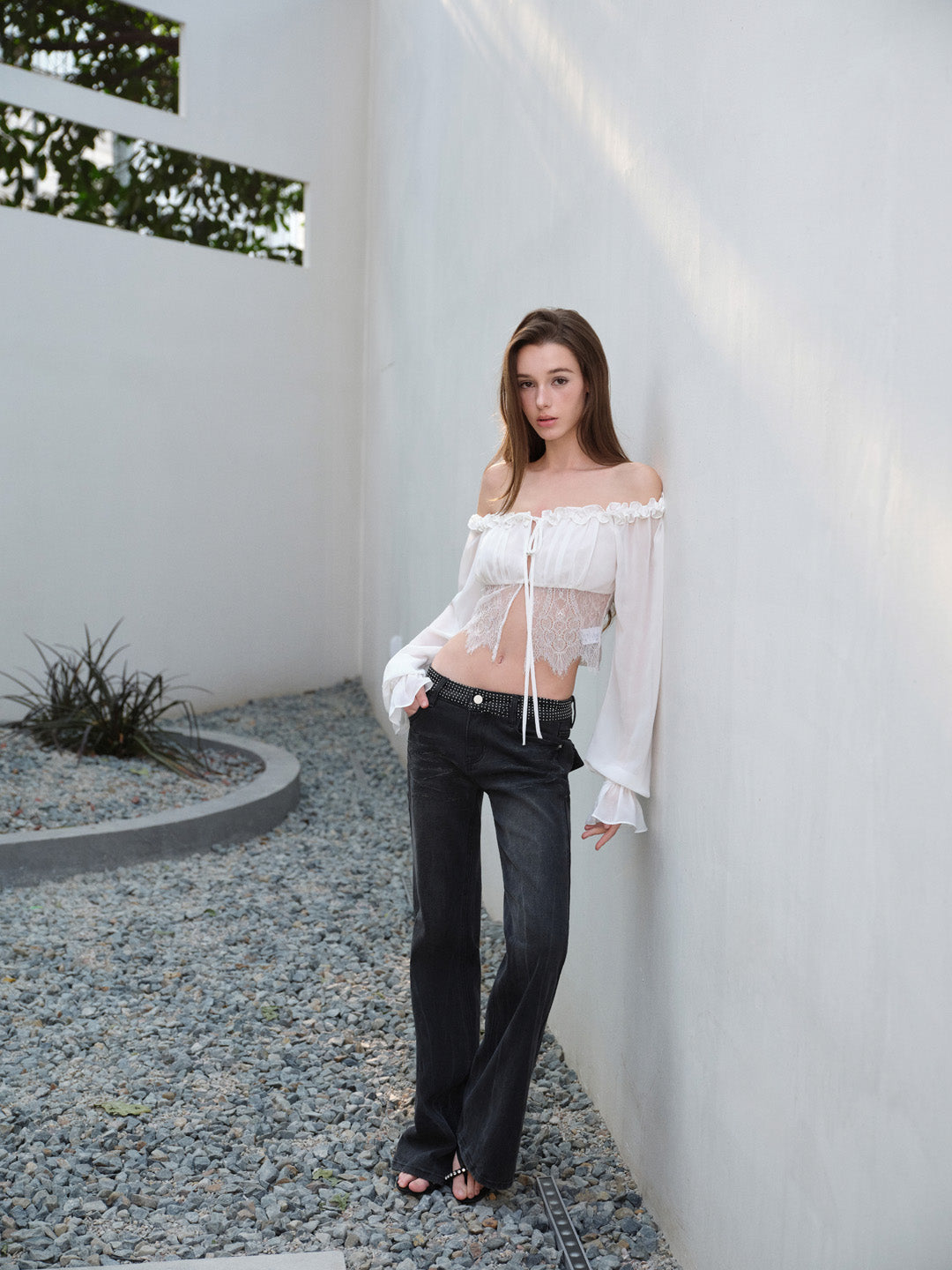 NONCESTNON N318 White chiffon lace long shirt