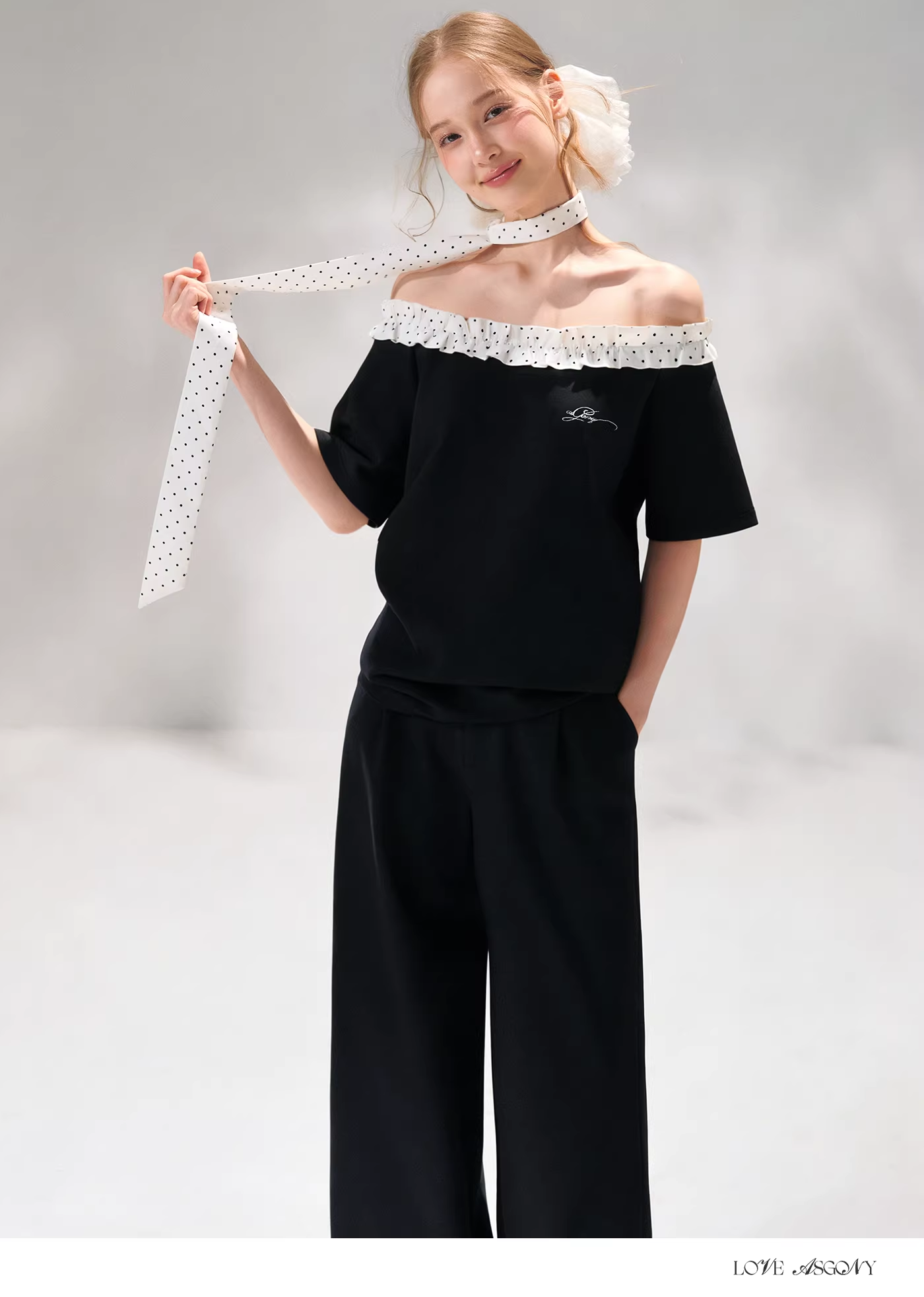 AsGony ASG26052&amp;ASG26053 Polka dot pleated T-shirt + pants set