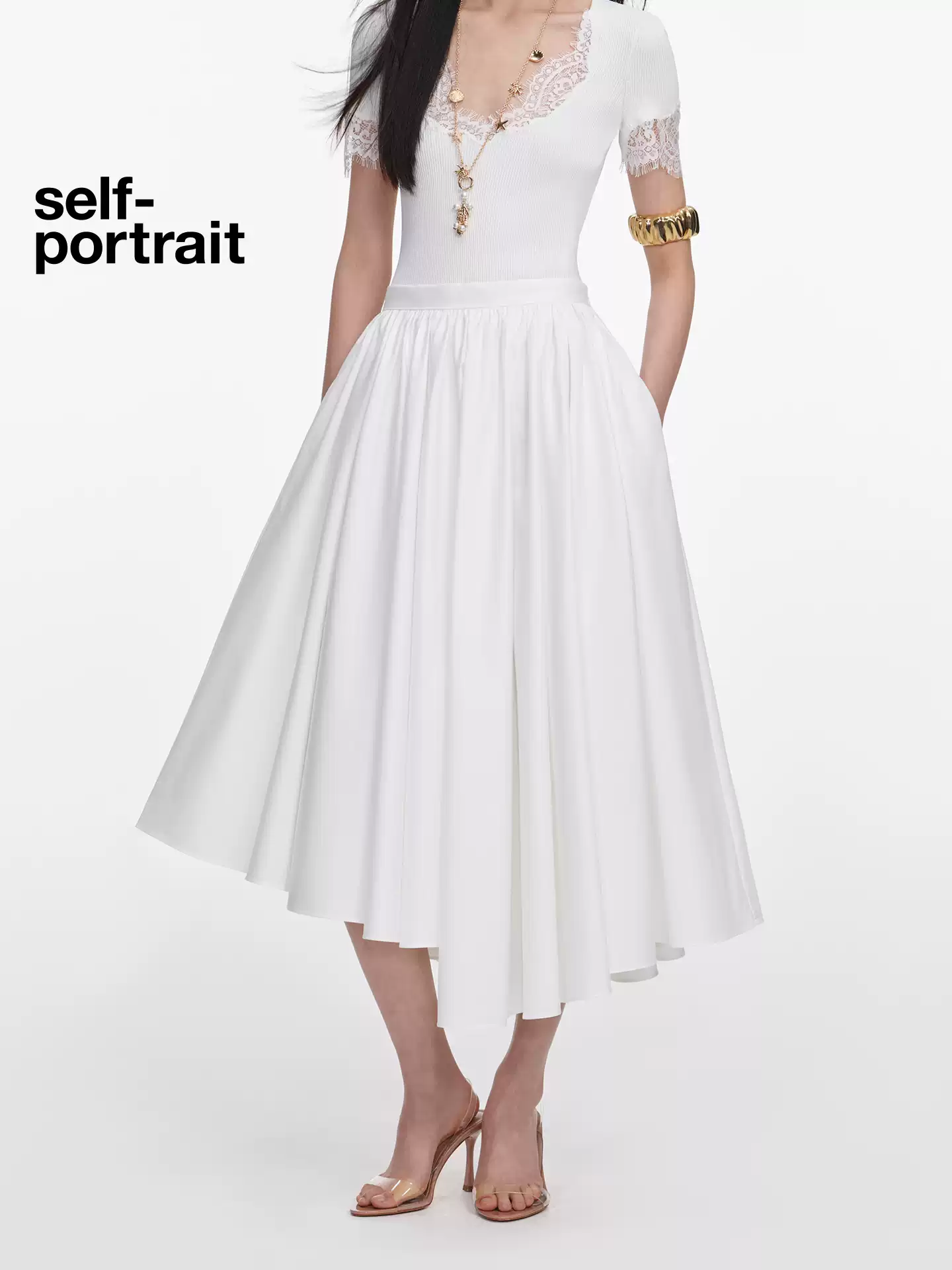 Self-Portrait White Knit Top &amp; White Cotton Poplin Midi Skirt